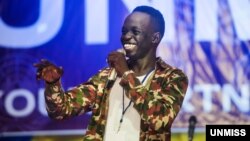 In this file photo, comedian Kuech Deng Atem performs during the "Comedy for Peace" event, supported by the United Nations Mission in South Sudan (UNMISS), held at the Nyakuron Cultural Centre, April 23, 2017, in Juba. (Photo courtesy UNMISS)