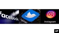 FILE - This combination of photos shows logos for social media platforms, from left, Facebook, Twitter and Instagram.