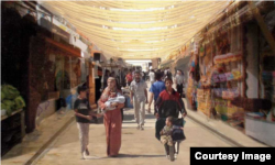A perspective of how a market in a refugee camp could look, showing strategies to shade the main walkway. (Sama El Saket)
