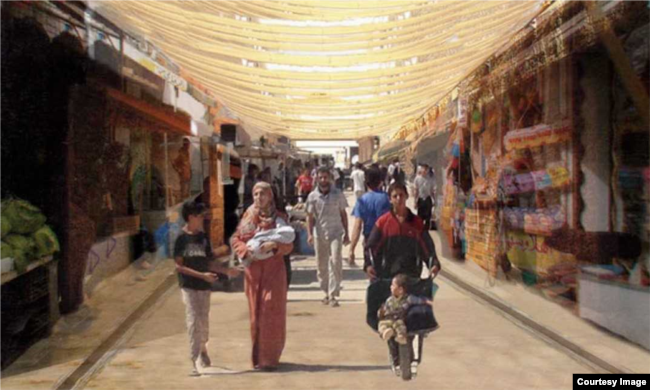 A perspective of how a market in a refugee camp could look, showing strategies to shade the main walkway. (Sama El Saket)