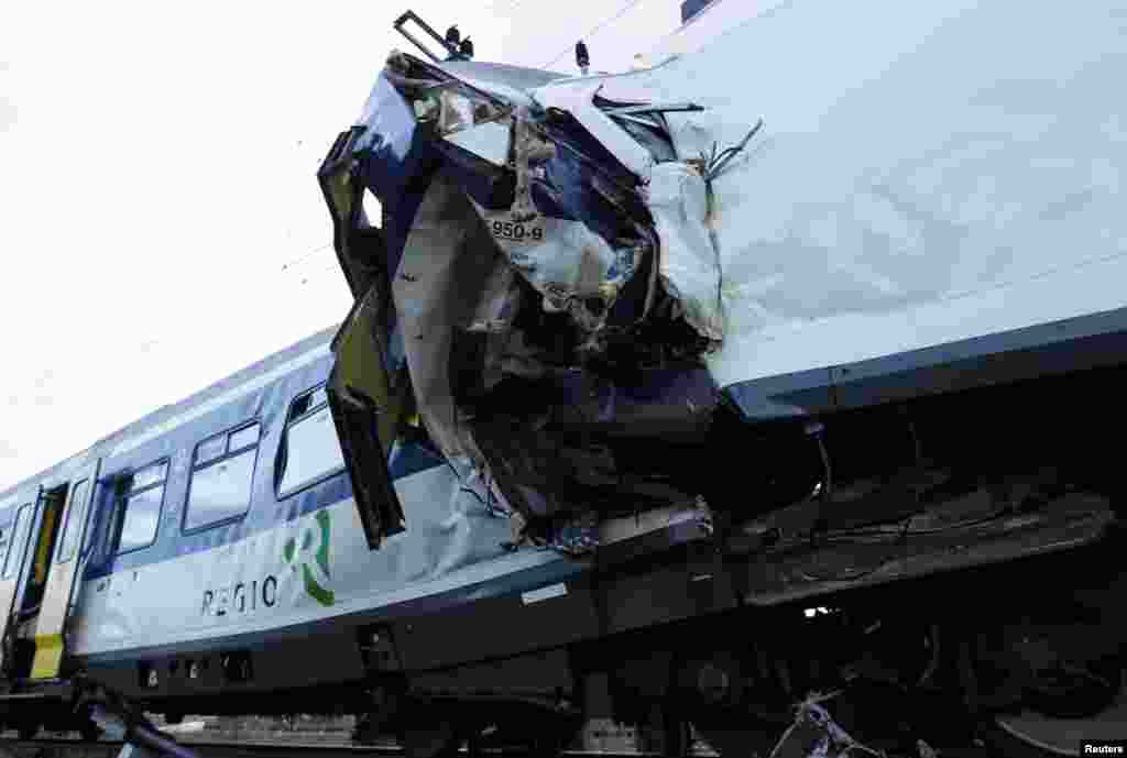 A view of the scene where two Swiss regional trains collided head-on near Granges-Pres-Marnand, Switzerland, July 29, 2013. 