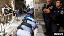 巴勒斯坦人7月26日在耶路撒冷圣地外做祷告，以色列安全部队在附近保护。穆斯林称这处圣地“尊贵的禁地”，犹太人称之为”圣殿山“。