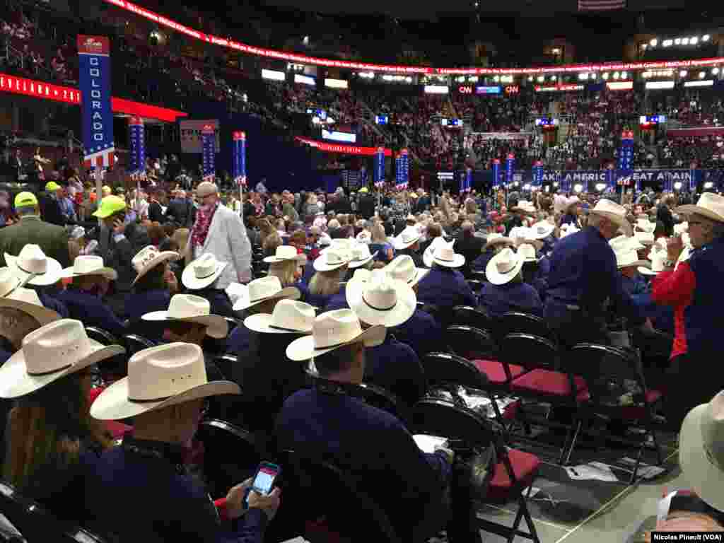 Les délégués républicains du Texas dans la Quicken Loans Arena, Cleveland, le 18 juillet 2016 (VOA/Nicolas Pinault) &nbsp;