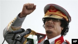 Libyan leader Moammar Gadhafi talks during a ceremony to mark the 40th anniversary of the evacuation of the American military bases in the country, in Tripoli, June 12, 2010