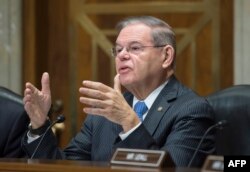 FILE - Bob Menendez (D-NJ) speaks during a foreign relations hearing in Washington, Jan. 9, 2018.