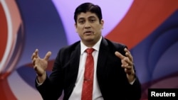 Carlos Alvarado, presidential candidate of the ruling Citizens' Action Party, during a live televised debate before a second-round presidential election runoff at Supreme Election Tribunal in San Jose, Costa Rica, March 25, 2018. 