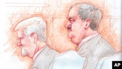 An artist's sketch shows former Massey Energy CEO Don Blankenship (R) and his attorney Bill Taylor as they listen to the verdict in his trial at Federal court in Charleston, West Virginia, Dec. 3, 2015. 