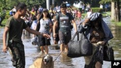 A soldier offers to take care of an evacuee's dog during an evacuation at Nawa Nakhon industrial estate on the outskirts of Bangkok, Thailand, October 18, 2011.