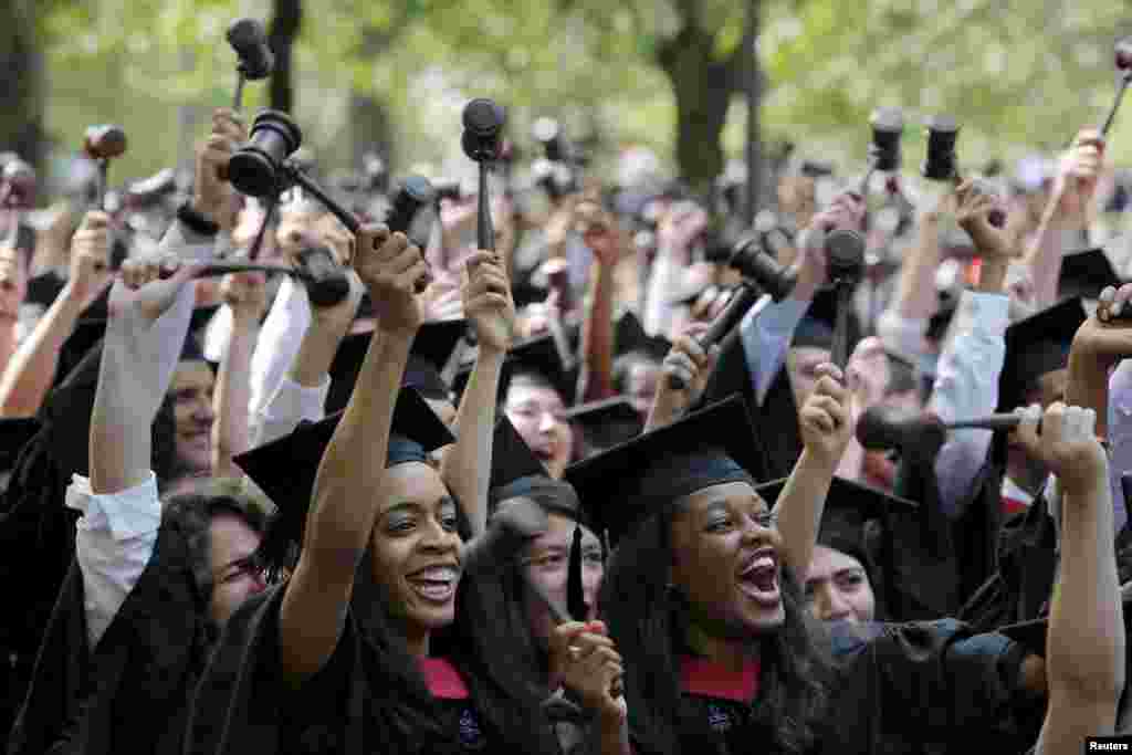 미국 하버드대학교 졸업식에서 법학대학원 졸업생들이 법봉을 들고 기뻐하고 있다.