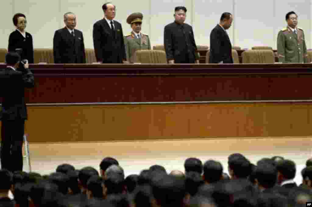 From left: Kim Kyong Hui, younger sister of late leader Kim Jong Il, North Korean Premier Choe Yong Rim, North Korea's President of the Presidium of the Supreme People's Assembly, Kim Yong Nam and third from right North Korean leader Kim Jong Un and at ri