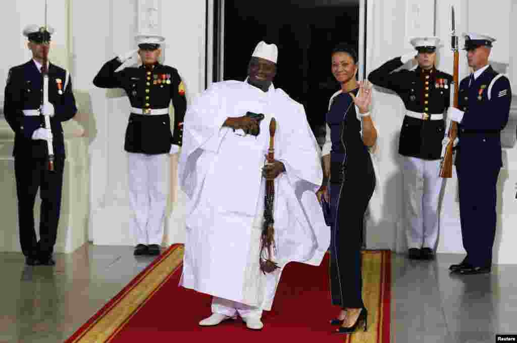 Gambia President Yahya Jammeh and his wife, Zineb Jammeh, arrive for the official U.S.- Africa Leaders Summit dinner hosted by U.S. President Barack Obama, at the White House, in Washington, DC, Aug. 5, 2014.