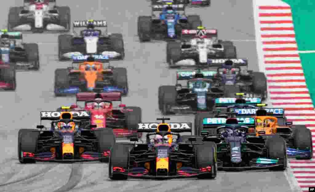 Red Bull driver Max Verstappen, centrer, of the Netherlands leads ahead during the Styrian Formula One Grand Prix at the Red Bull Ring racetrack in Spielberg, Austria.