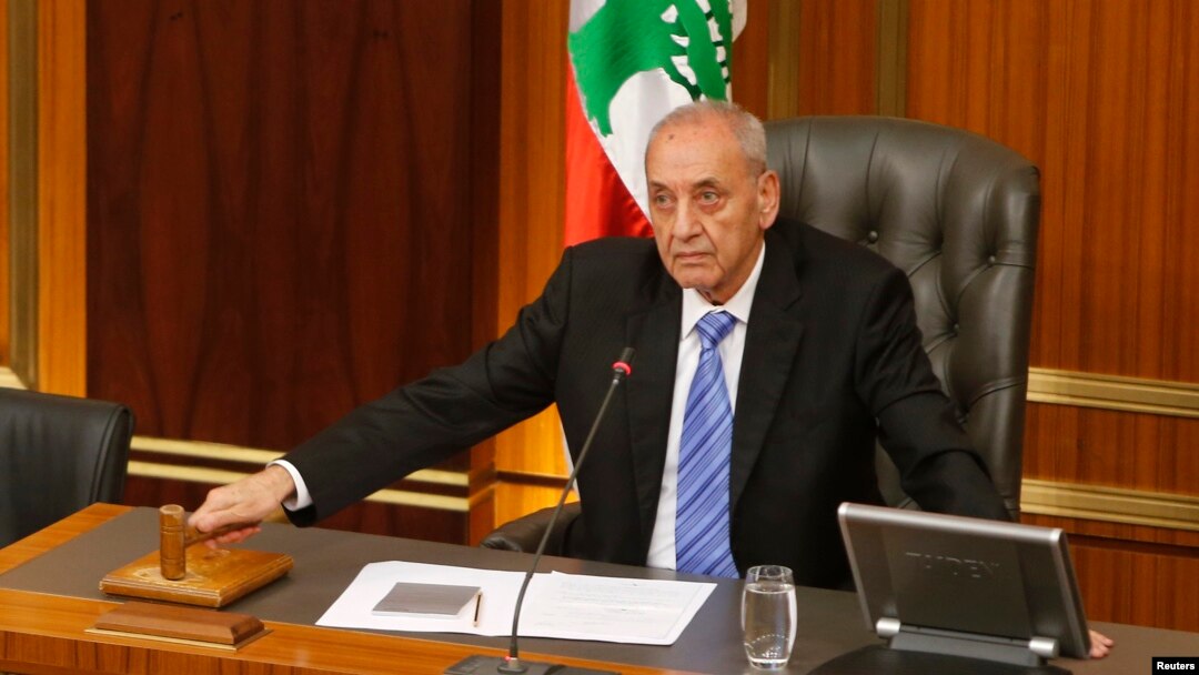Lebanese Parliament speaker Nabih Berri strikes his gavel at the end of a parliamentary session in parliament in Beirut, May 31, 2013.
