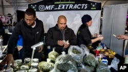 FILE - Vendors from MF Extracts count their cash at their booth at Kushstock 6.5 festival in Adelanto, Calif., Dec. 29, 2018. The U.S. House passed a bill to allow banks to provide services to cannabis companies in states where it's legal.