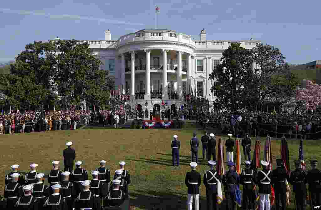 British Prime Minister Cameron speaks during an an elaborate arrival ceremony at the White House, calling the U.S.-British alliance "the most powerful partnership for progress" in the world. (AP)