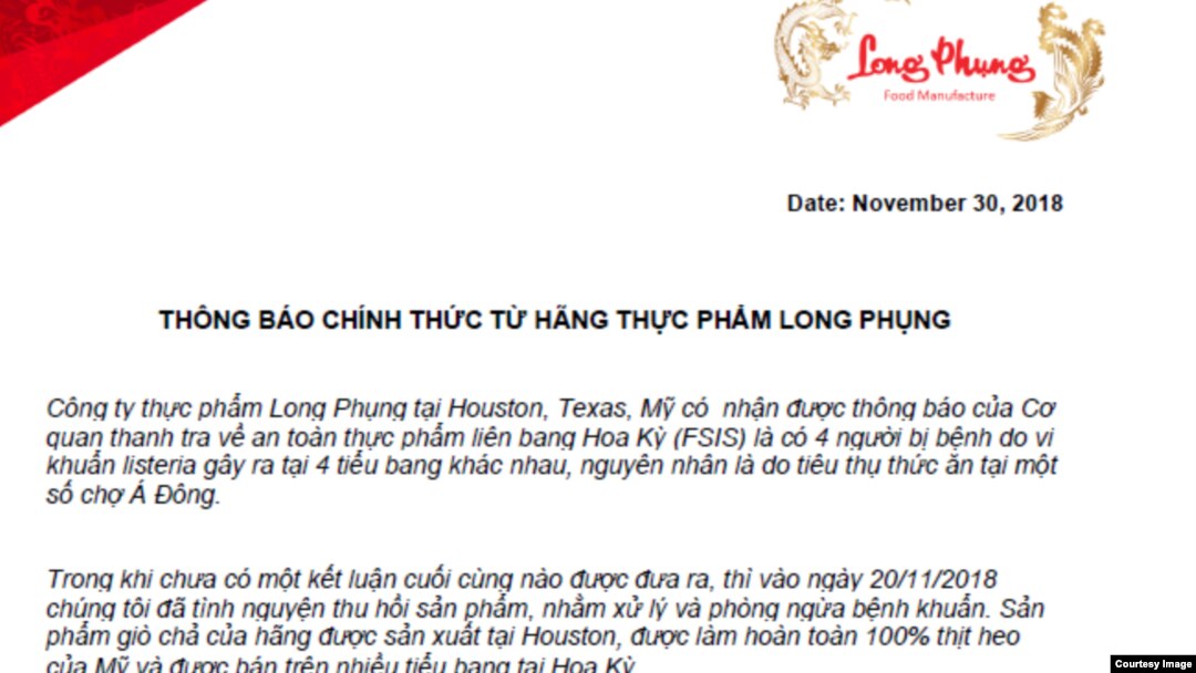 Thông báo của Công ty Thực phẩm Long Phụng.