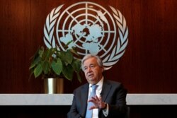 FILE - United Nations Secretary-General Antonio Guterres speaks during an interview with Reuters at U.N. headquarters in New York City, New York, Sept. 14, 2020.