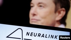 FILE - Neuralink logo and Elon Musk photo are seen in this illustration taken, Dec. 19, 2022. 