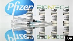 Pfizer ကုမ္ပဏီထုတ် "COVID-19 ကာကွယ်ဆေး" လို့ တံဆိပ်ကပ်ထားတဲ့ ပုလင်းတချို့။ (နိုဝင်ဘာ ၁၇၊ ၂၀၂၀)