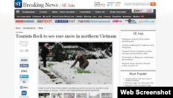 17일 동남아 지역 언론들이 베트남에서 이례적으로 폭설이 내렸다는 소식을 보도했다. 사진은 싱가포르 스트레이츠타임스 사이트에 게재된 관련 기사.