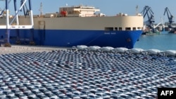 Cars for export are seen at a port in Yantai, China's eastern province of Shandong, on Feb. 20, 2025. 