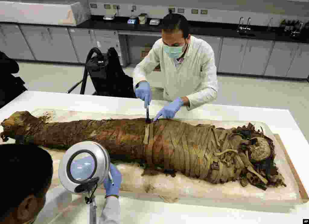 Egyptian conservators clean a female mummy dated to Pharaonic late period (712-323 BC) in the conservation center of Egypt&#39;s Grand museum under construction, just outside Cairo, Mar. 17, 2014. 