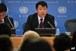 North Korea Deputy United Nations Ambassador Kim In Ryong speaks during a news briefing, April 17, 2017, at U.N. headquarters.
