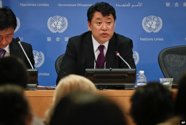 North Korea Deputy United Nations Ambassador Kim In Ryong speaks during a news briefing, April 17, 2017, at U.N. headquarters.