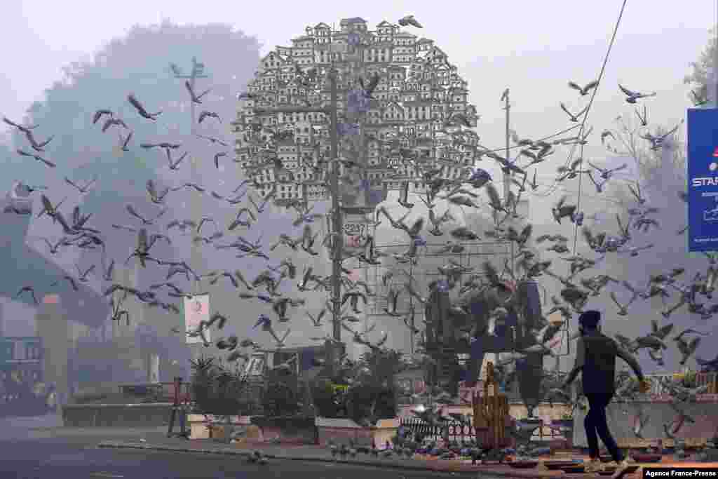 A man walks along a road amid smoggy conditions in Lahore, Pakistan.