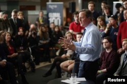Britain's Prime Minister David Cameron addresses students at Exeter University in Exeter, Britain, April 7, 2016.