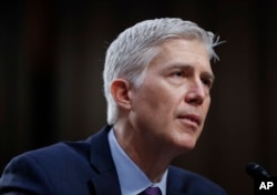 FILE - Supreme Court nominee Neil Gorsuch testifies on Capitol Hill in Washington, March 21, 2017, at his confirmation hearing before the Senate Judiciary Committee.