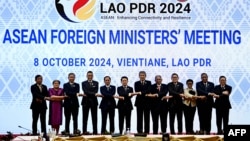 Myanmar's permanent secretary of foreign affairs, Aung Kyaw Moe, far left, joins other high-ranking officials from ASEAN member nations at the organization's summit in Vientiane, Laos, on Oct. 8. 2024. This was the first time in three years that Myanmar was represented.