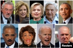 (Top L-R) packages with explosives were sent to actor Robert De Niro, Representative Debbie Wasserman Schultz, former Democratic presidential candidate Hillary Clinton, Democratic Party donor George Soros and former President Barack Obama, (Bottom L-R) former Attorney General Eric Holder, Congresswoman Maxine Waters, former Vice President Joe Biden and former CIA director John Brennan.
