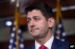 FILE - Speaker of the House Paul Ryan, R-Wis., talks to reporters following a GOP strategy session on Capitol Hill in Washington, July 17, 2018.