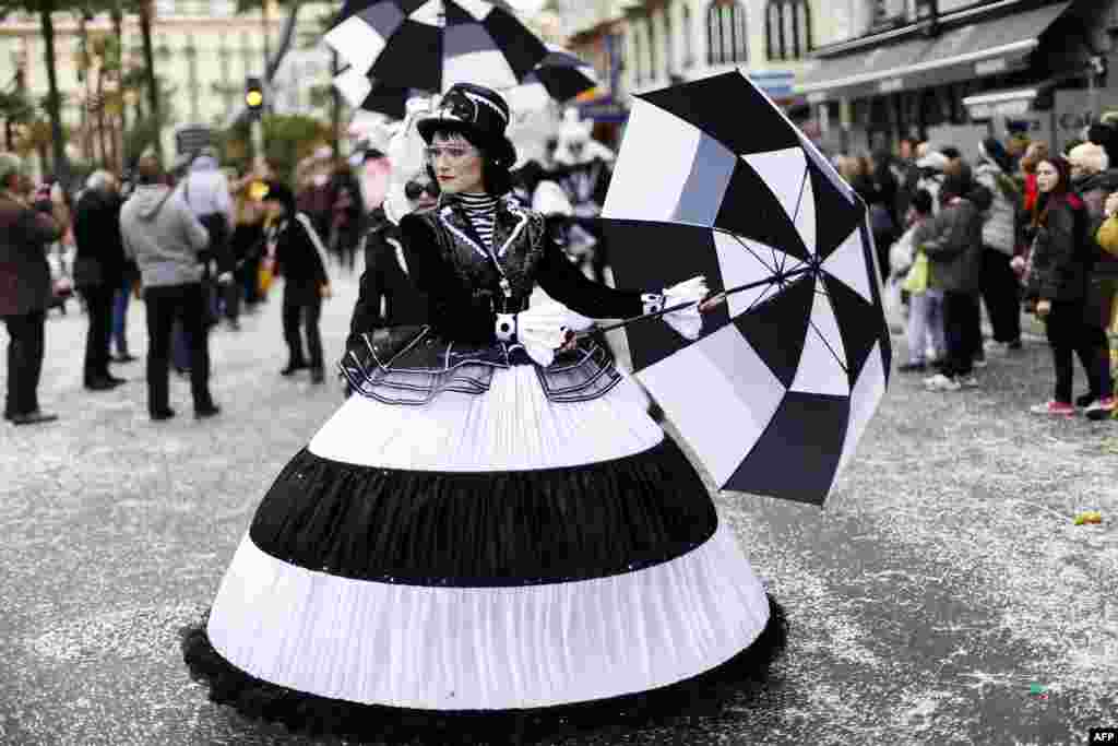 Dancers parade during the Nice Carnival, southeastern France. 