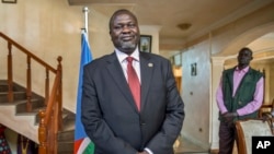 FILE - South Sudan's rebel leader Riek Machar speaks about the situation in South Sudan following last week's peace agreement with the government, in Addis Ababa, Ethiopia, Aug. 31, 2015.