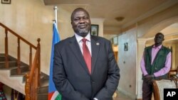 South Sudan's rebel leader Riek Machar speaks about the situation in South Sudan following last week's peace agreement with the government, in Addis Ababa, Ethiopia, Aug. 31, 2015.
