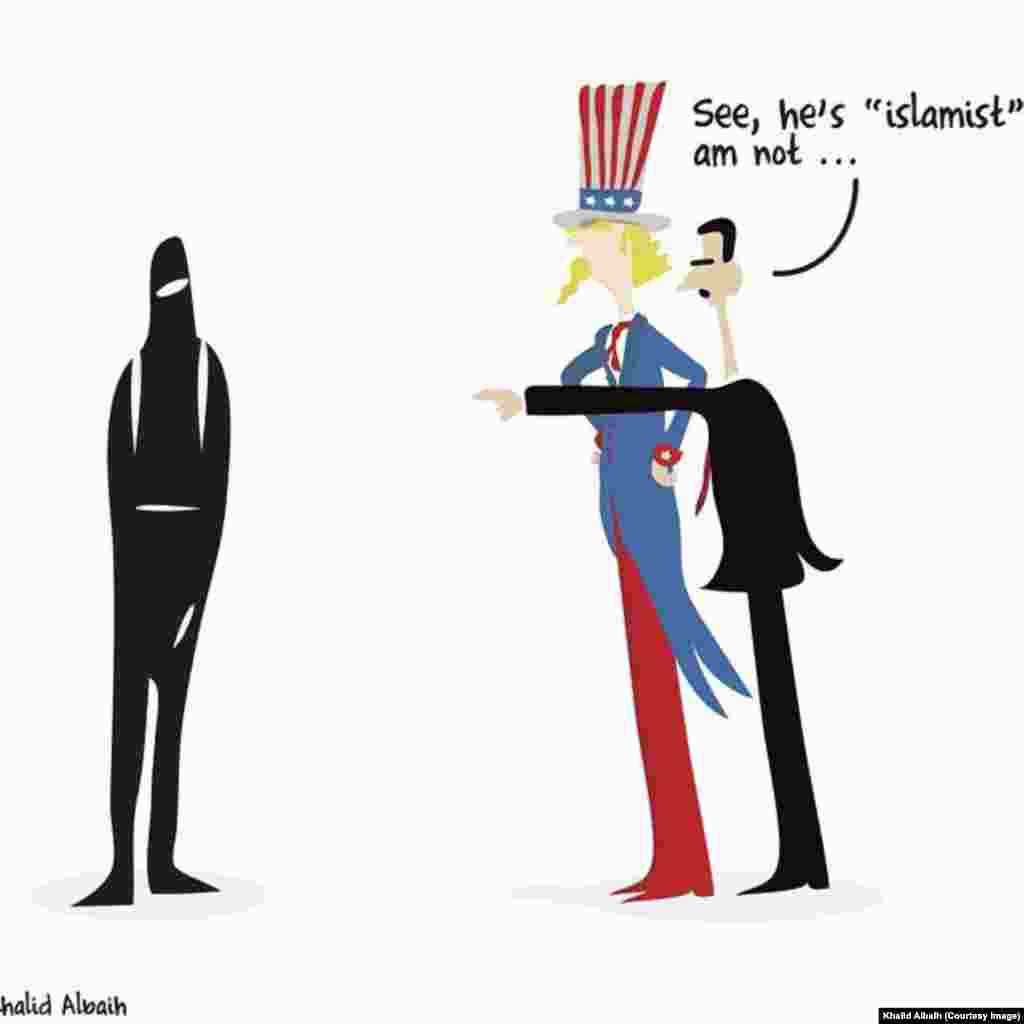 Syrian President Bashar al-Assad is shown in this cartoon by Sudanese artist Khalid Albaih trying to convince the United States that he is not an Islamist.