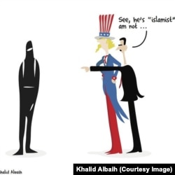 Syrian President Bashar al-Assad is shown in this cartoon by Sudanese artist Khalid Albaih trying to convince the United States that he is not an Islamist.