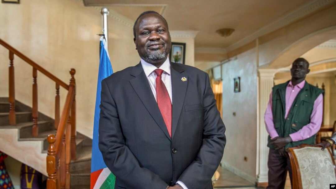 FILE - South Sudan's rebel leader Riek Machar speaks about the situation in South Sudan following last week's peace agreement with the government, in Addis Ababa, Ethiopia, Aug. 31, 2015.