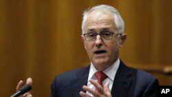 Thủ tướng Malcolm Turnbull đọc diễn văn tại Diễn đàn Kinh doanh Australia-Trung Quốc tại Canberra ngày 19/6/2018.