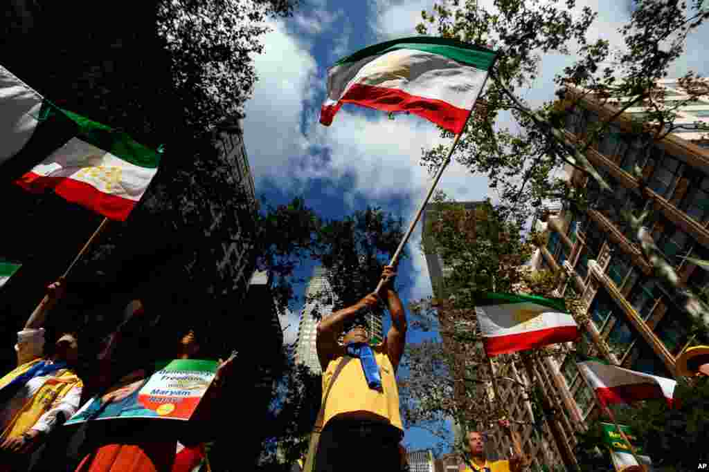 Supporters of a regime change in Iran rally outside United Nations headquarters on the first day of the general debate at the U.N. General Assembly in New York.