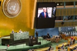 지난해 9월 뉴욕 유엔본부에서 열린 제75차 유엔총회에서 도널드 트럼프 미국 대통령으로 화상으로 기조연설을 했다.