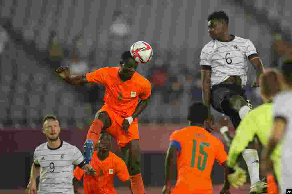 Ivory Coast's Eric Bailly clears the ball against Germany during a men's soccer match at the 2020 Summer Olympics, Wednesday, July 28, 2021, in Rifu, Japan. (AP Photo/Andre Penner)
