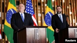 U.S. Secretary of State Mike Pompeo, left, attends a meeting with Brazil's Foreign Minister Ernesto Araujo at Itamaraty Palace in Brasilia, Brazil, Jan. 2, 2019.