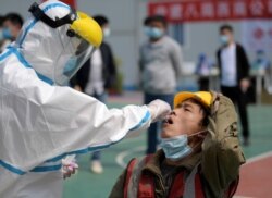 FILE PHOTO: A worker in a protective suit collects a swab from a construction worker for nucleic acid test in Wuhan, Hubei province, the epicentre of the novel coronavirus disease (COVID-19) outbreak in China, April 7, 2020.