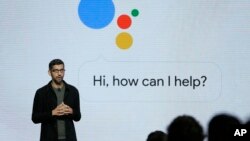 FILE - Google CEO Sundar Pichai talks about Google Assistant during a product event in San Francisco, Oct. 4, 2016. Google is likely to again put artificial intelligence in the spotlight at its annual developers conference on May 10, 2018.