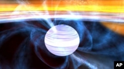 This artists drawing zooms into a neutron star and its accretion disk to show a millisecond pulsar in close-up.