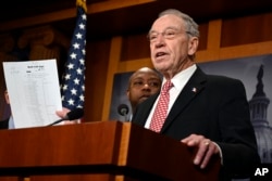 Sen. Chuck Grassley, R-Iowa, speaks during a news conference on Capitol Hill, Dec. 19, 2018, on prison reform legislation.