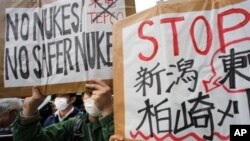 Protesters oppose nuclear power generation, as radiation has been spewing from Tokyo Electric Power Company's Fukushima Dai-ichi nuclear power plant, leaking into the air, ground and sea, Tokyo, Japan, April 3, 2011